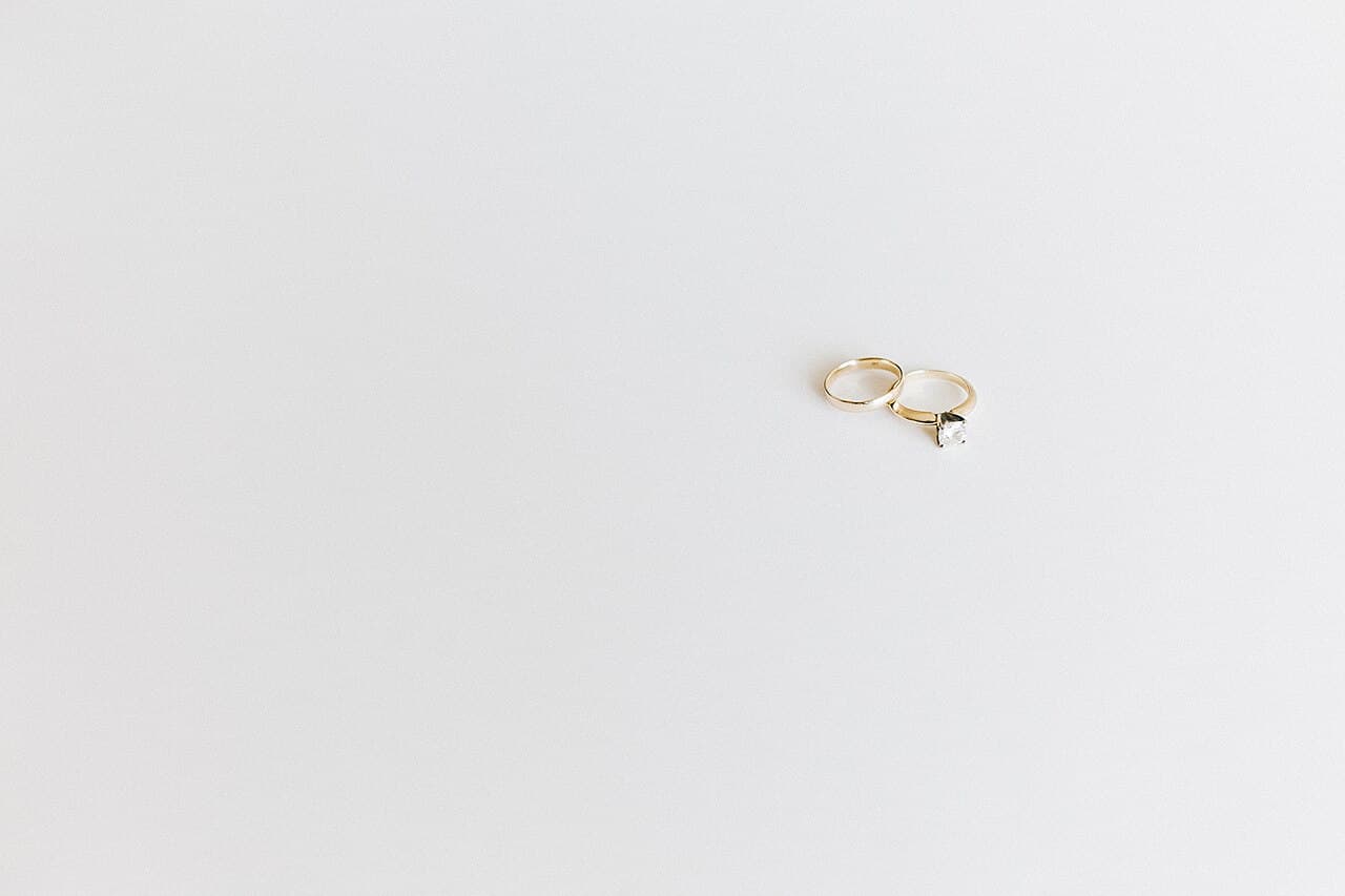 Wedding rings on a plain white surface